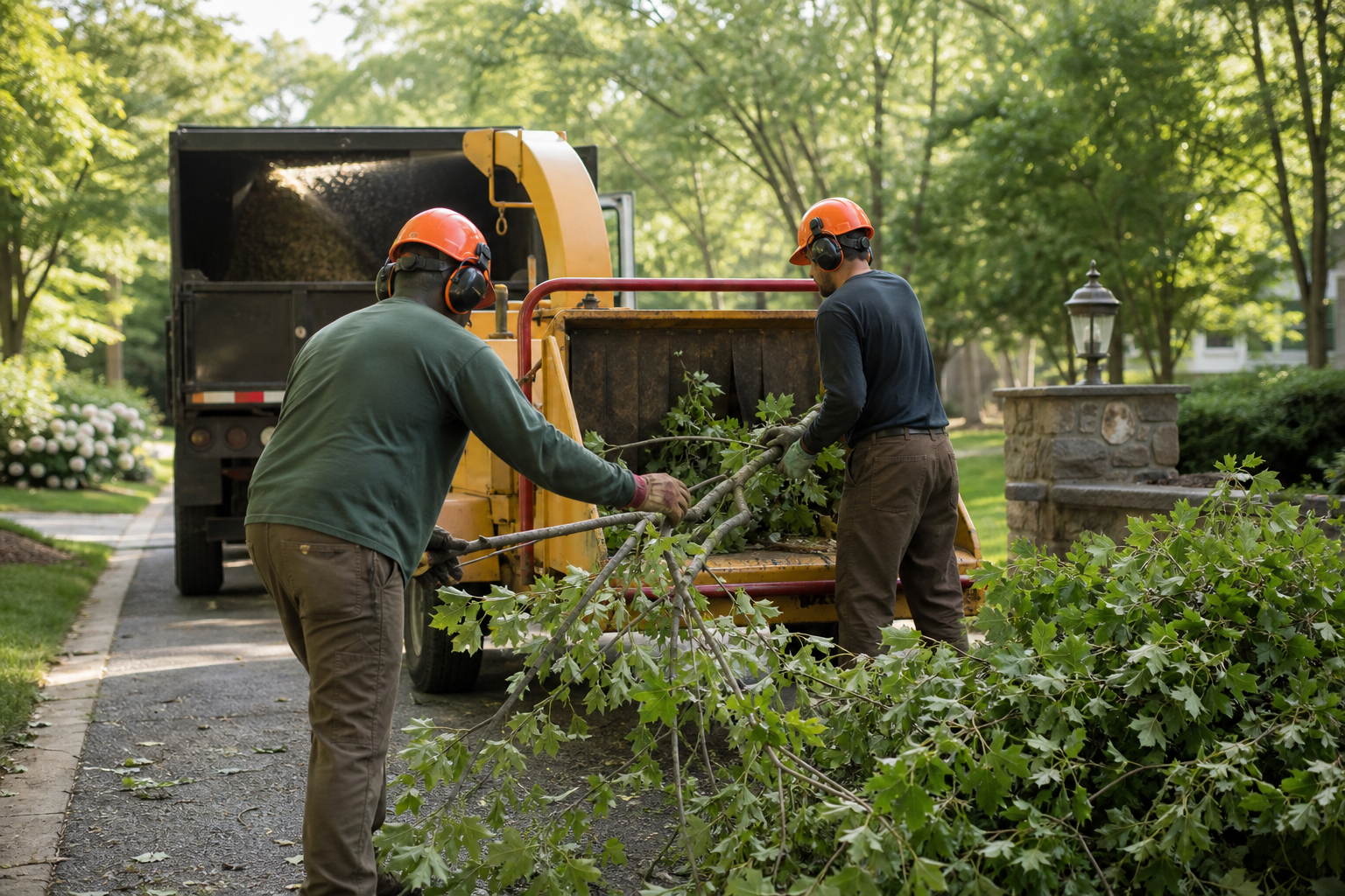 Large tree service job with equipment on site