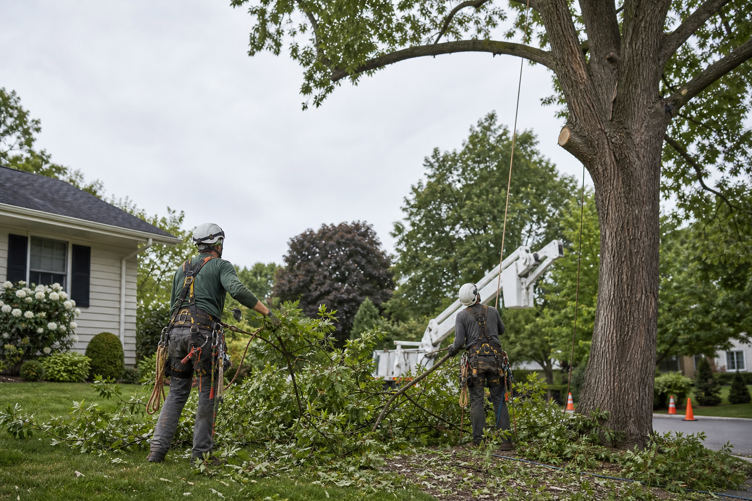 Bucket truck removing limbs beside a roof